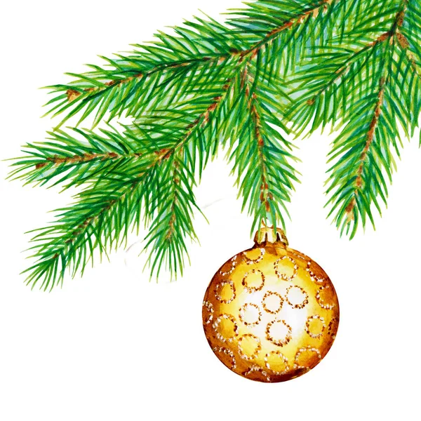 Goldene Weihnachtskugel Auf Fichtenzweig Aquarell Auf Weißem Hintergrund Neujahrskarte — Stockfoto