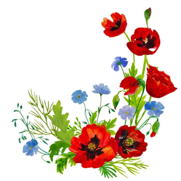 Букет Цветов Мака Льна Травы Белом Фоне — стоковое фото
