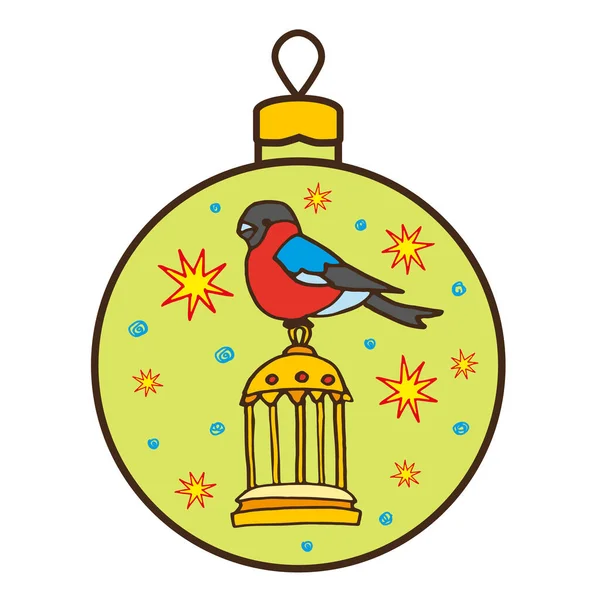 Bullfinch Zittend Een Kooi Geschilderd Een Kerstboom Bal Hand Getekend — Stockvector