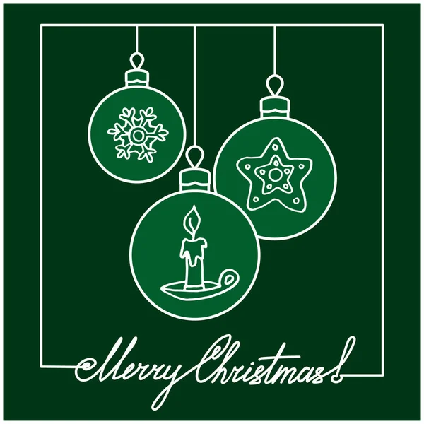 Three Christmas Balls Postcard Congratulation Dark Green Color White Outline — Stock Vector
