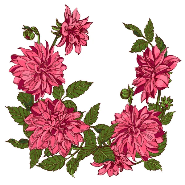 Rosa Dahlias Coroa Moldura Vetor Ilustração Mão Desenho Retro Estilo — Vetor de Stock