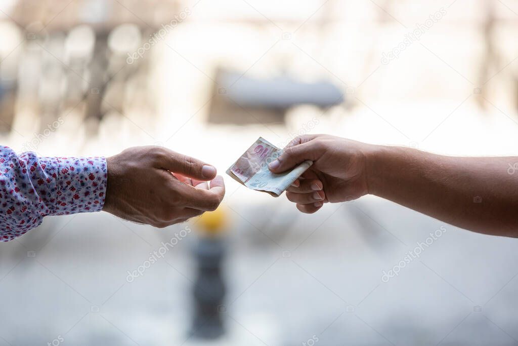 man hand holding money, selective focus