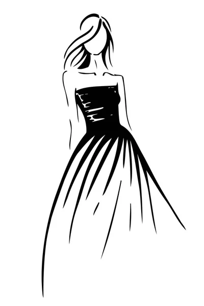 Boceto Moda Mujer Vestido Noche Ilustración Vectorial Líneas Negras Aisladas — Archivo Imágenes Vectoriales