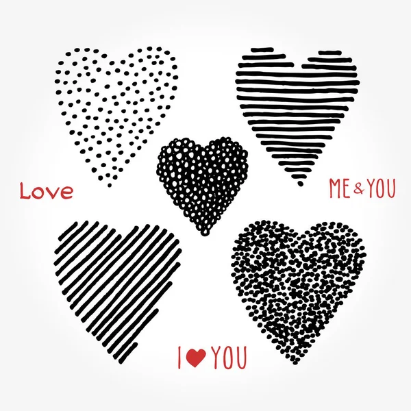 Hand Drawn Striped Hearts Dots Hearts Inscription Black White Simple — Stock Vector