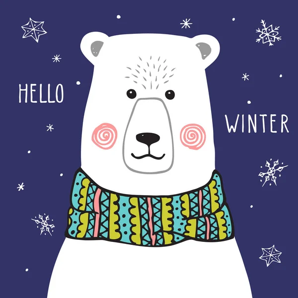 Linda Ilustración Oso Hola Lema Invierno Ilustración Vectorial — Vector de stock