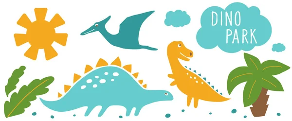 Dino Park Horizontal Banner Flat Vector Illustration — Stock Vector