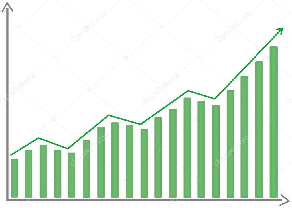 Flat vector illustration of a info chart showing increase visualized by green arrow growing up in steps with green bars for trends, market analysis and investment success diagram