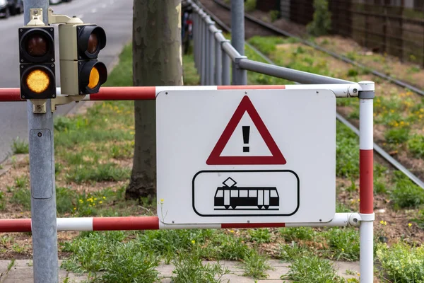 Primo Piano Segno Tram Città — Foto Stock