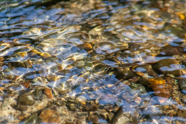 Stones in sparkling water with sunny reflections in water of a crystal clear water creek as idyllic natural background shows zen meditation, little waves and silky ripples in a healthy mountain spring