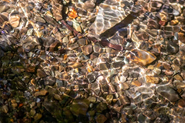 Stones in sparkling water with sunny reflections in water of a crystal clear water creek as idyllic natural background shows zen meditation, little waves and silky ripples in a healthy mountain spring