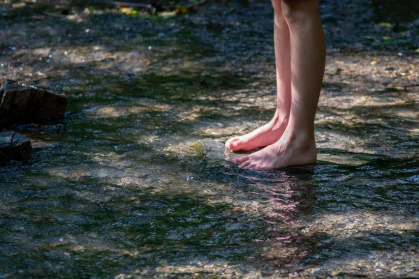 Young Boy Playing Barefoot Clear Water Little Creek Using His — Stock Photo, Image