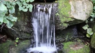 Ferahlatıcı fıskiyeden gelen küçük şelale, cennetin nehir kıyısından akan huzurlu bir manzara ve zen meditasyon ve rahatlama için meditasyon yapan bir bahçe havuzu.