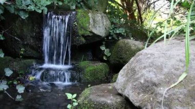 Ferahlatıcı fıskiyeden gelen küçük şelale, cennetin nehir kıyısından akan huzurlu bir manzara ve zen meditasyon ve rahatlama için meditasyon yapan bir bahçe havuzu.