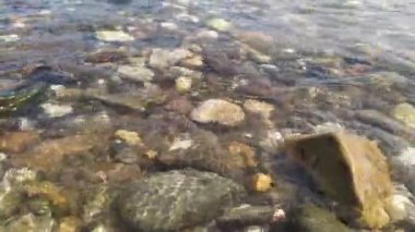 Sakin akan nehir suyu, nehir kıyısındaki kayalık bir sahilde kristal berrak su, küçük dalgalar ve yerde sağlıklı bir çevre ve sağlıklı bir ekosistem olarak yansıyan güzel yansımalarla kayalara çarpar.