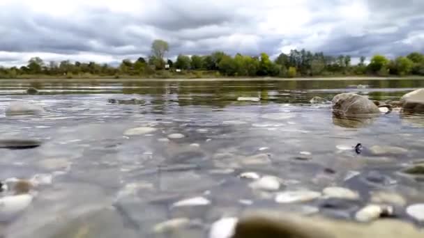 Sakin Akan Nehir Suyu Nehir Kıyısındaki Kayalık Bir Sahilde Kristal — Stok video