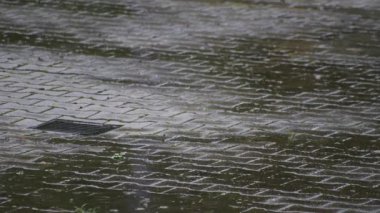 Yağan yağmur damlaları yağmurlu bir sonbahar gününde yağmur damlaları ve sonbahar yağmurlu havayı gösteriyor. Dipsiz bir döngü gibi, yakın ve alçak açılı.