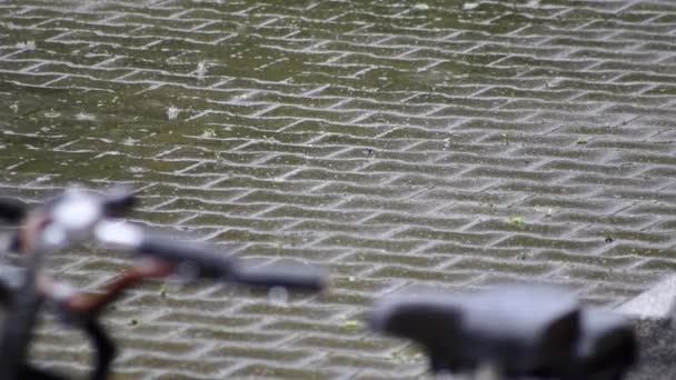 Spadający Deszcz Kroplami Deszczu Rowerach Deszczowe Dni Jesienią Jesienią Pokazuje — Wideo stockowe