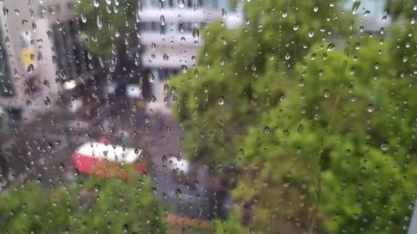 Rainy Day Office Falling Dripping Raindrops Window Blurred Background Crossway — Stock Video