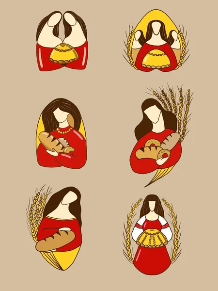 girl icons set with bread and wheat in warm colors