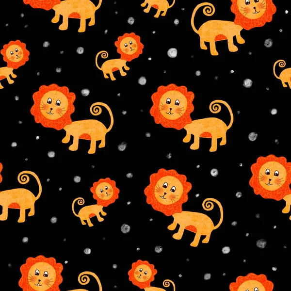 seamless pattern with cute lions on a black background