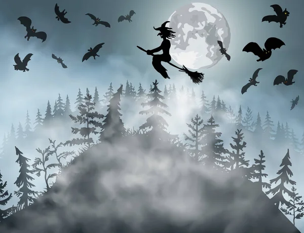 Halloween sfondo con strega che vola sulla scopa sopra la spaventosa foresta oscura . — Vettoriale Stock