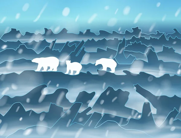De familie ijsberen loopt 's nachts in de sneeuwstorm. Vector silhouet illustratie — Stockvector