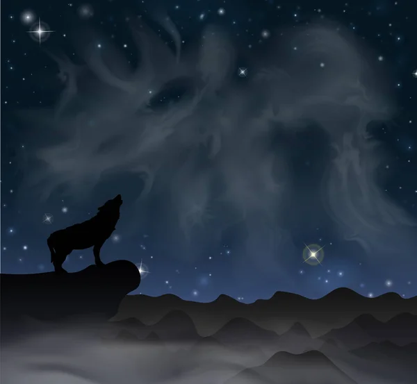 Lobo de montaña aulla a la luna bajo el cielo con estrellas. Eps 10 ilustración vectorial — Archivo Imágenes Vectoriales