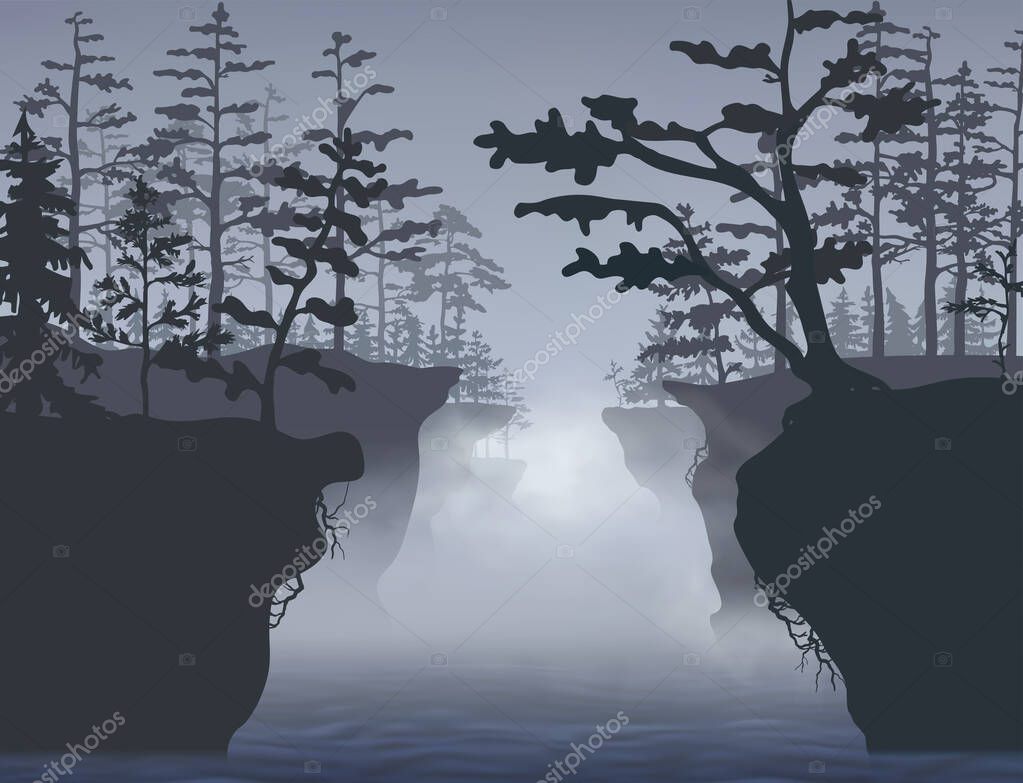The river between two high montainous banks. Frontal view. Vector silhouette illustration