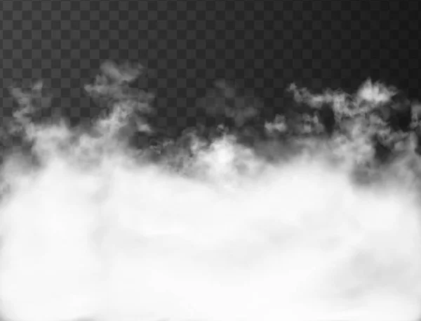 Weiße Wolken auf dunklem, transparentem Hintergrund. Dichter starker Rauch durch Feuer oder Flächenbrand. 3D realistische Vektor-Illustration. — Stockvektor