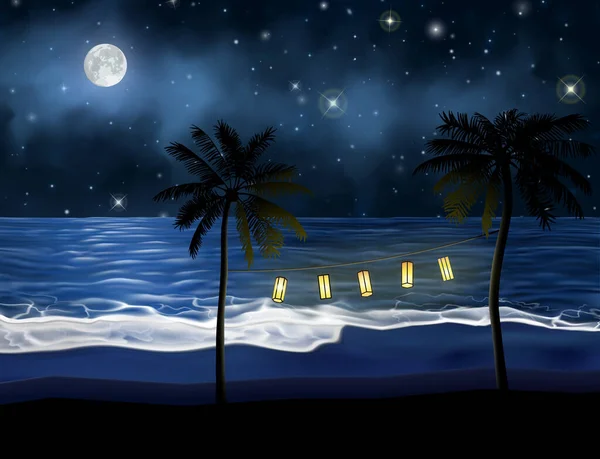 Luz de fiesta colgando de las palmeras frente al mar. Hermosa foto nocturna de la orilla del mar bajo la luna y el cielo estrellado por la noche . — Vector de stock