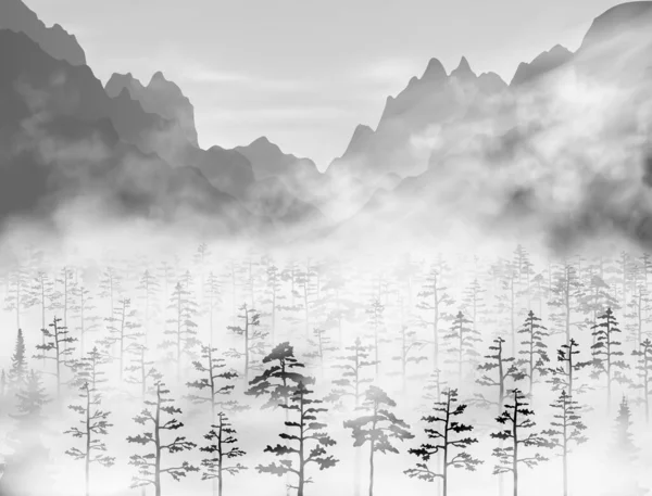 Hoch detaillierte, realistische Vektorkiefern- und Tannenwälder mit vielen Bäumen in dicken Nebelwolken unter strahlenden Sonnenstrahlen und dahinter Berge. Schwarz-Weiß-Illustration. — Stockvektor