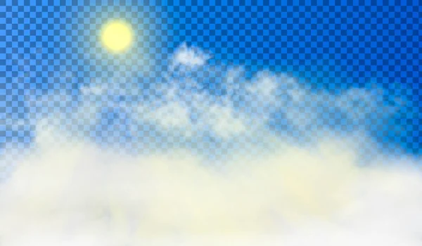 Le soleil brille à travers les nuages de cumulus blancs au-dessus du sol. Belle image réaliste sur le fond semi transparent. Illustration vectorielle. — Image vectorielle