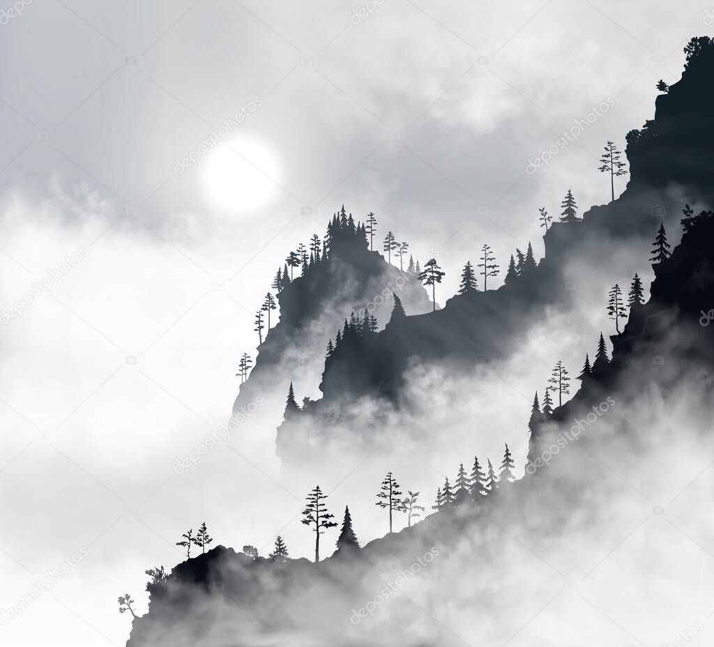 Beautiful mountain forest at early morning. Sun shines through the realistic fog clouds. Black and whte vector illustration of good quality