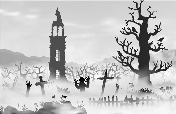 Halloween aterrador paisaje con árboles, ramas espeluznantes, iglesia vieja, objetos de cementerio, cerca, zombies y manos de undeads. Siluetas vectoriales dibujadas a mano simples en negro y blanco. — Archivo Imágenes Vectoriales