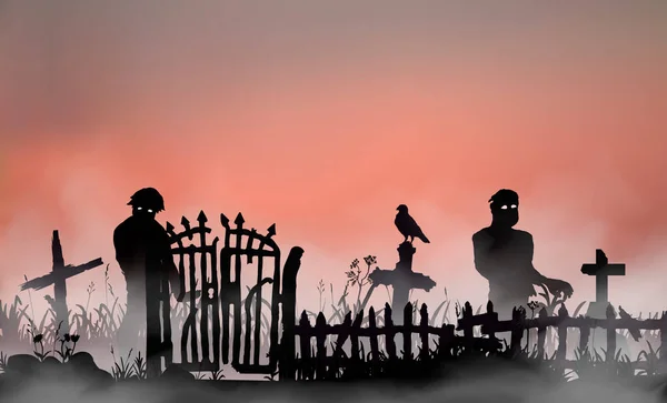 Paisaje relacionado con Halloween con muertos vivientes, puertas de cementerio, valla y tumbas entre hierba de campo. Zombies caminando por la niebla roja del amanecer. Ilustración de silueta vectorial. — Archivo Imágenes Vectoriales