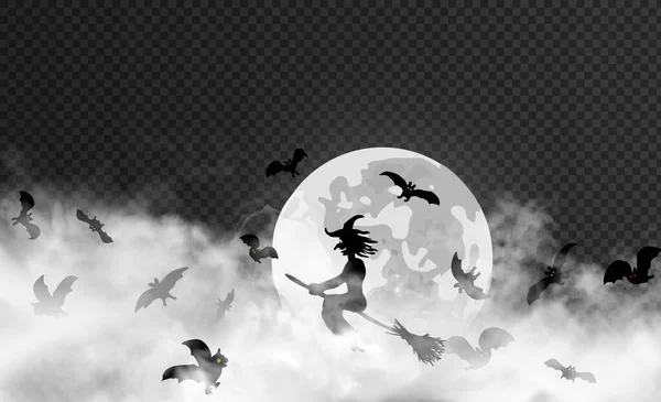 La bruja rodeada de murciélagos brilla a través de densas nubes de humo contra la Luna sobre el oscuro fondo transparente. Ilustración vectorial Halloween. Puede colocarse frente a cualquier otro fondo oscuro — Vector de stock