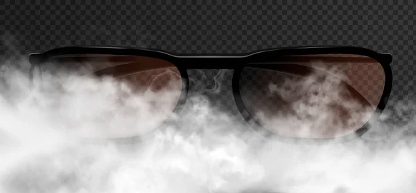 Clásico realista hombre o mujer gafas aspecto llamativo en las nubes de humo grueso. Ilustración vectorial 3D aislada sobre el fondo transparente oscuro. Vista frontal con arcos. — Archivo Imágenes Vectoriales