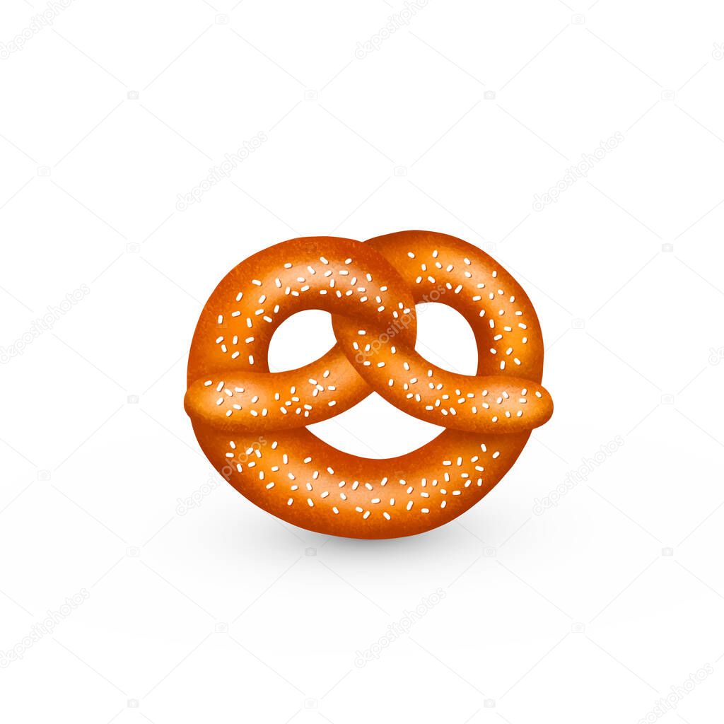 Realistic tasty pretzel with salt or sesame, with texture. Vector illustration isolated on white background.