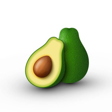 Gerçekçi yeşil avokado bütünü ve yarım avokado kesimi. Vektör 3 boyutlu illüstrasyon beyaz arkaplanda izole edildi.