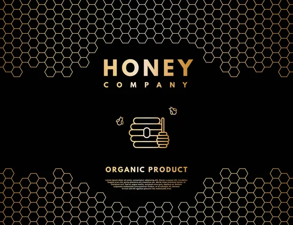 Λογότυπο μελιού με χρυσή διαβάθμιση μέλισσα, κυψέλη και μέλι ραβδί στο πλαίσιο κηρήθρα. — Διανυσματικό Αρχείο