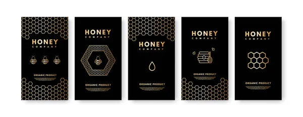 Raster conjunto de historias de redes sociales Gradiente de oro miel abeja miel, panales, palo de miel, colmena. Plantillas de diseño, fondos, banners, espacios en blanco, carteles, publicidad. Sobre fondo negro . —  Fotos de Stock