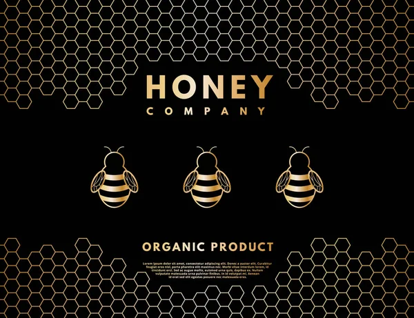 Logo de miel con gradiente de oro abeja miel y panales. Banner de etiqueta para empresa aislado de fondo negro. Ilustración vectorial . — Archivo Imágenes Vectoriales
