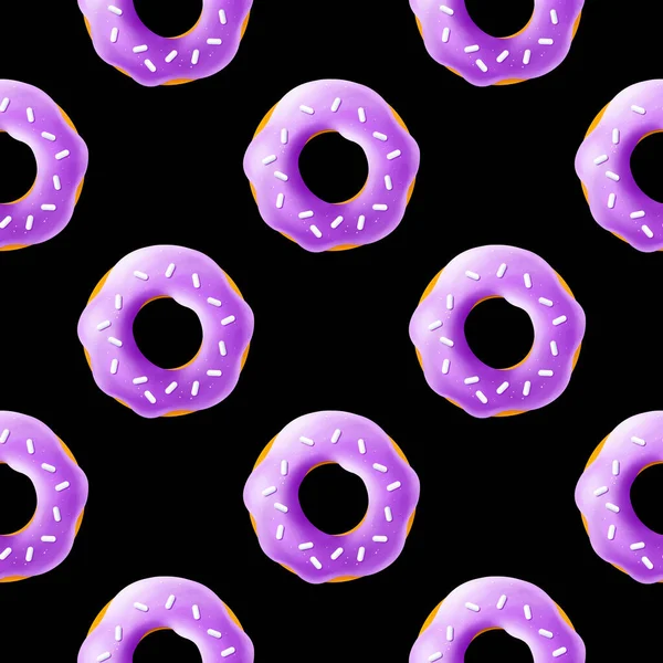 Nahtlose Muster realistischer 3D-Rendering violette Donuts. Vektor-Illustration isoliert auf schwarzem Hintergrund. — Stockvektor