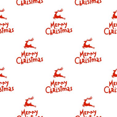 Kırmızı geyiğin kusursuz deseni ve el yazısı beyaz arka planda izole edilmiş mutlu Noeller. Noel ambalajı.