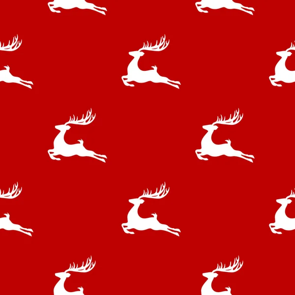 赤の背景に隔離された白い鹿のベクトルシームレスなパターン。クリスマスラッピング. — ストックベクタ