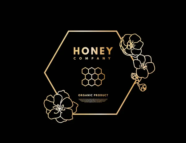 Logotipo de miel con gradiente dorado panales en marco hexágono con flor. Banner de etiqueta para empresa aislado de fondo negro. Ilustración vectorial . — Archivo Imágenes Vectoriales