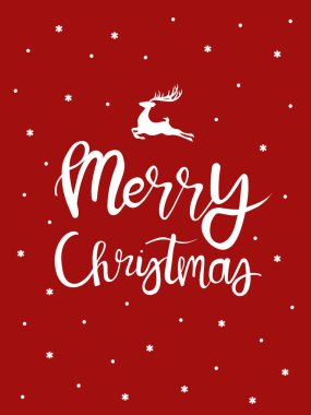 Üzerinde beyaz el yazısı olan vektör Noel kartı. Kırmızı arka planda izole edilmiş mutlu Noeller ve el çizilmiş geyik..