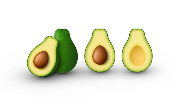 Реалистичный зеленый авокадо для здорового питания. Целый и разрезанный наполовину авокадо. Ratser 3D иллюстрация на белом фоне. — стоковое фото