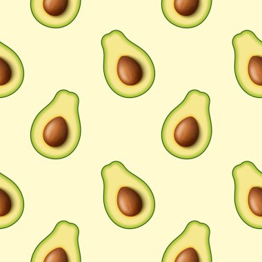 Sağlıklı beslenmek için kusursuz bir gerçekçi yeşil avokado deseni. 3 boyutlu görüntüleme. Avokado dilimlenmiş ve çekirdekli. Vektör illüstrasyonu beyaz arkaplanda izole edildi.