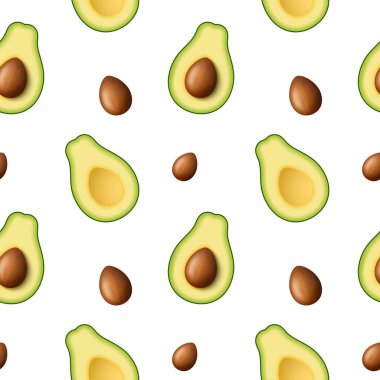 Sağlıklı beslenmek için kusursuz bir gerçekçi yeşil avokado deseni. 3 boyutlu görüntüleme. Avokado dilimlenmiş ve çekirdekli. Beyaz arkaplanda Raster illüstrasyonu.